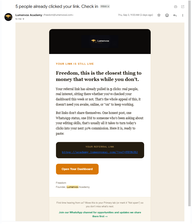 A real affiliate-click notification: partners get told the moment their link converts a visitor, live.