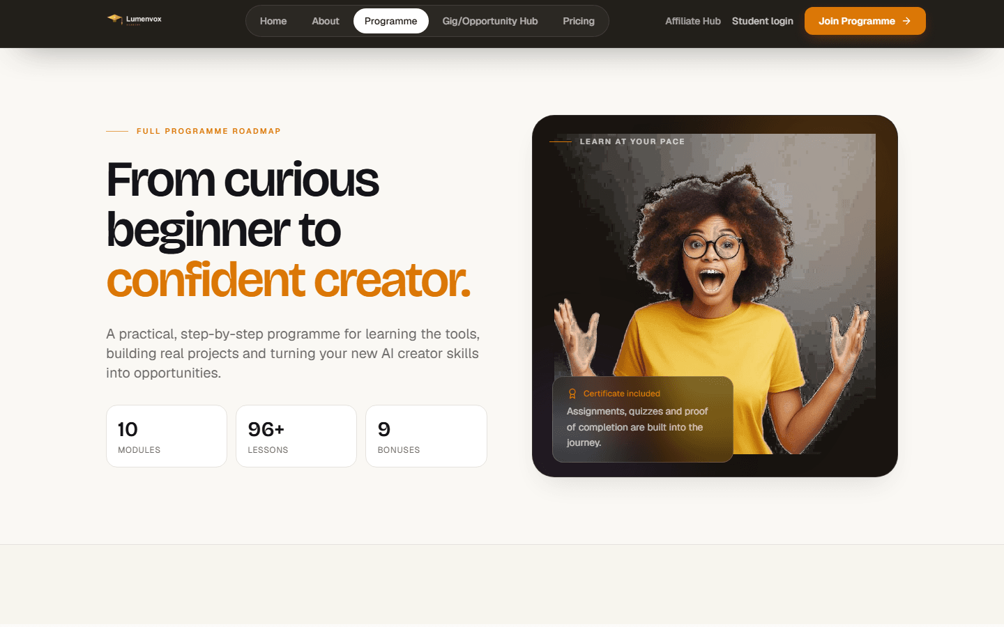 The curriculum page: 10 modules, 96+ lessons, 9 bonuses, laid out as a real roadmap.
