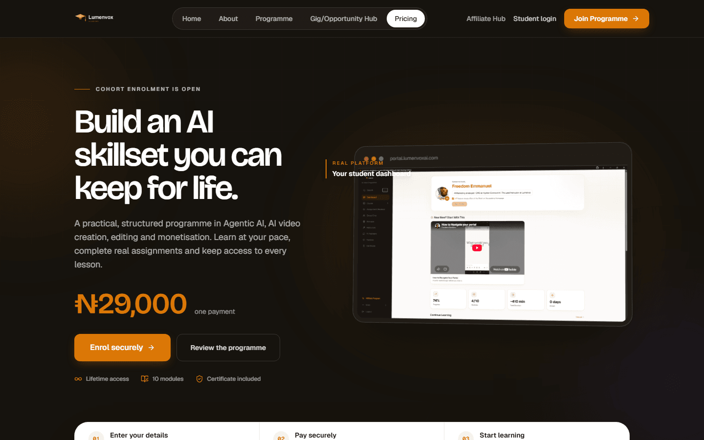 The pricing page, with a real preview of the student dashboard buyers get access to.