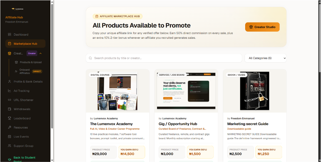 Creator Studio & Marketplace Hub